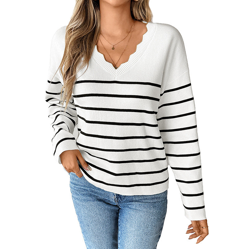 Damen Strickpullover mit V-Ausschnitt und modischem Streifenmuster EB