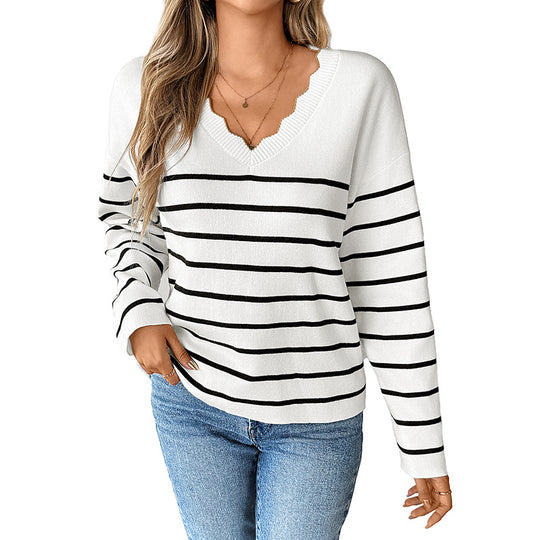 Damen Strickpullover mit V-Ausschnitt und modischem Streifenmuster EB