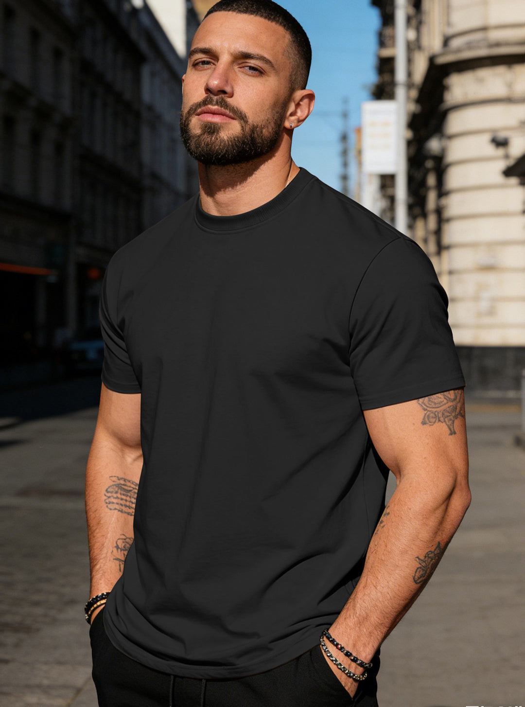 Herren nan körperbetontes hochwertiges Baumwollshirt mit Rundhalsausschnitt EB