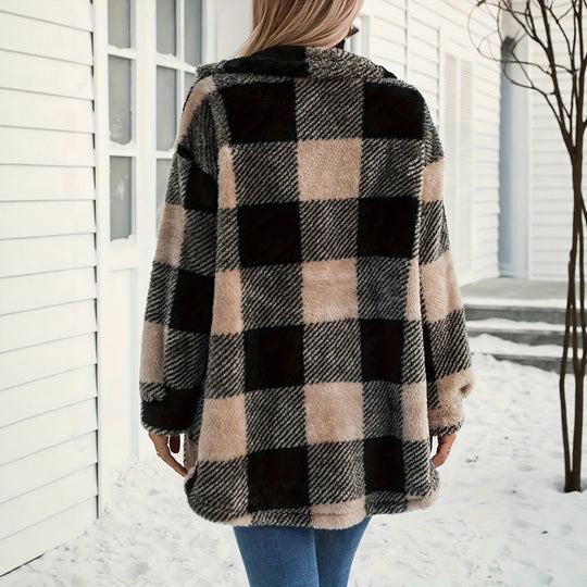 Damen Teddyjacke mit kariertem Muster und weichem Fell EB