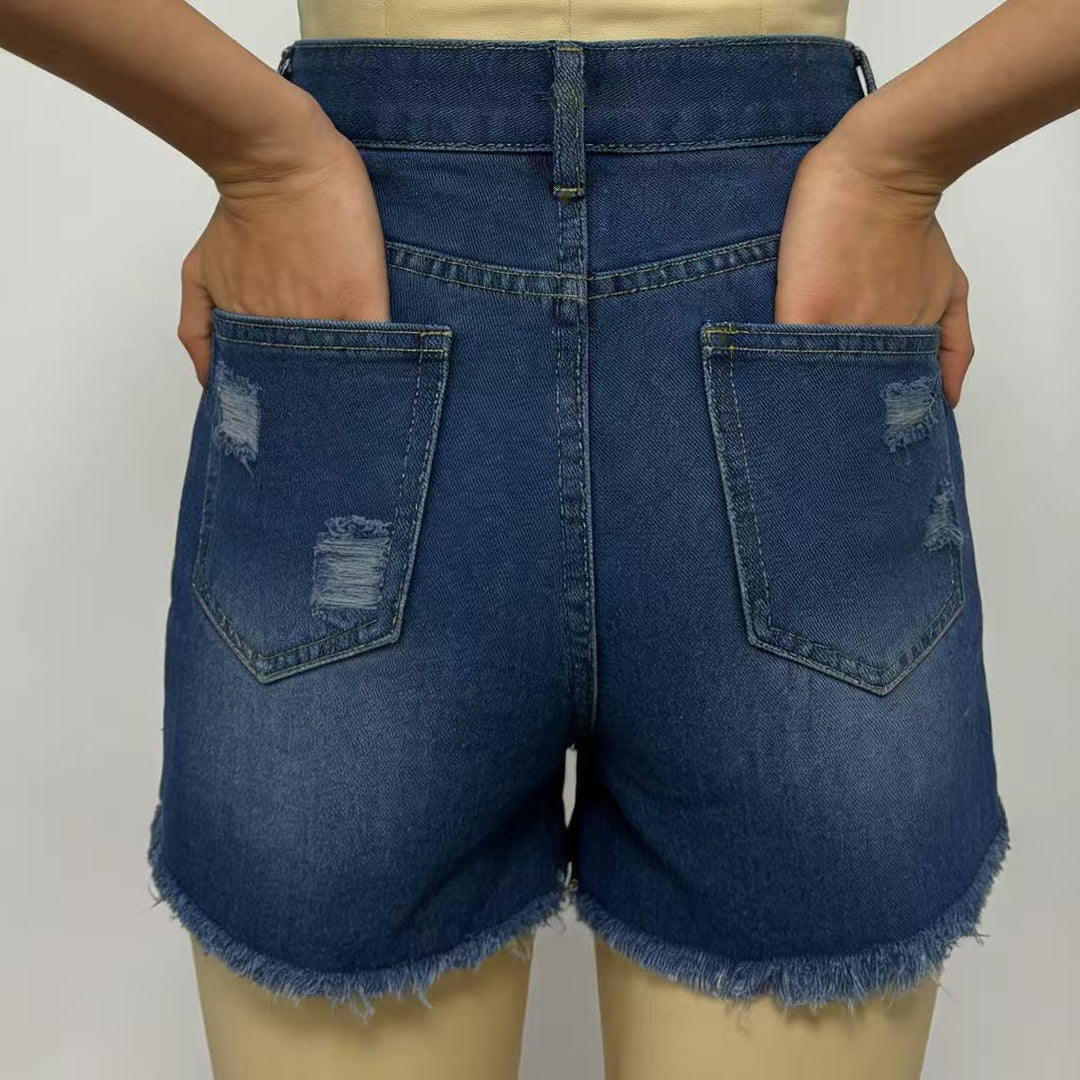 Damen Designer Denim-Shorts mit Fransen und ausgefranstem Saum EB