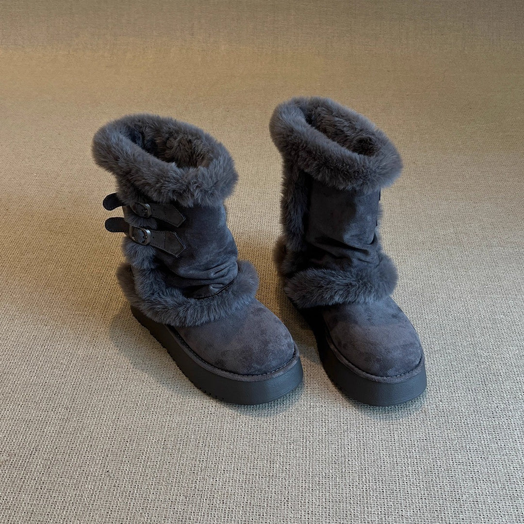 Damen kuschelige Winterstiefel mit modischer Fellverzierung EB