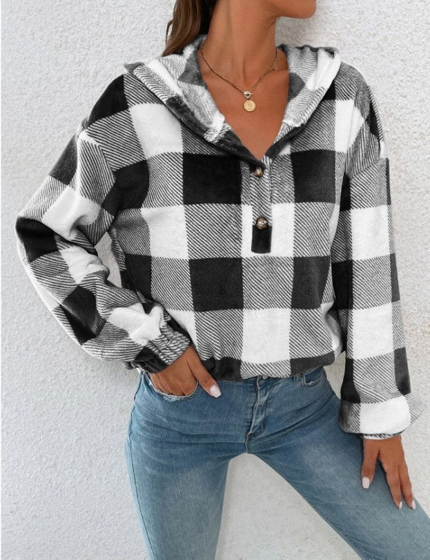 Damen Gemusterte Karo-Hoodie-Bluse EB