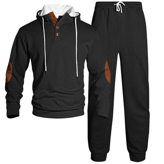 Herren nan Waffelstruktur Henley-Kapuzen-Set mit Holzknopfleiste Ellbogen-Patches und konischer Jogginghose EB