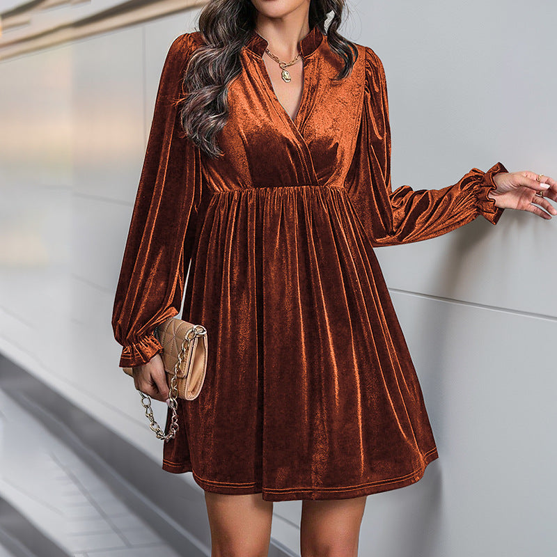 Damen elegantes Samtkleid mit tiefem V-Ausschnitt und Puffärmeln EB