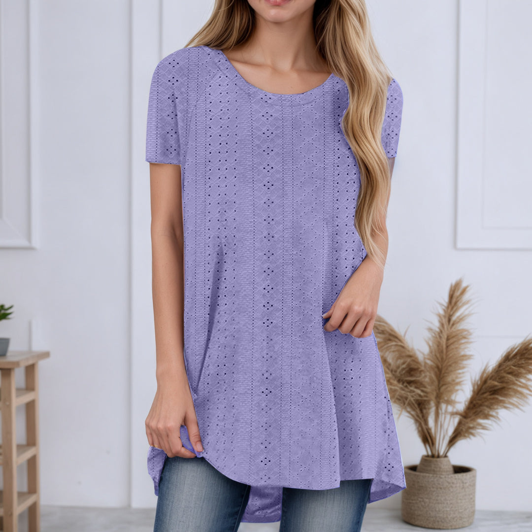 Damen nan locker geschnittene Broderie-Anglaise Tunika mit Rundhalsausschnitt, seitlichen Schlitzen und abgerundetem Saum EB