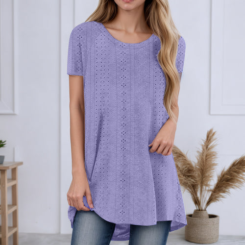 Damen nan locker geschnittene Broderie-Anglaise Tunika mit Rundhalsausschnitt, seitlichen Schlitzen und abgerundetem Saum EB
