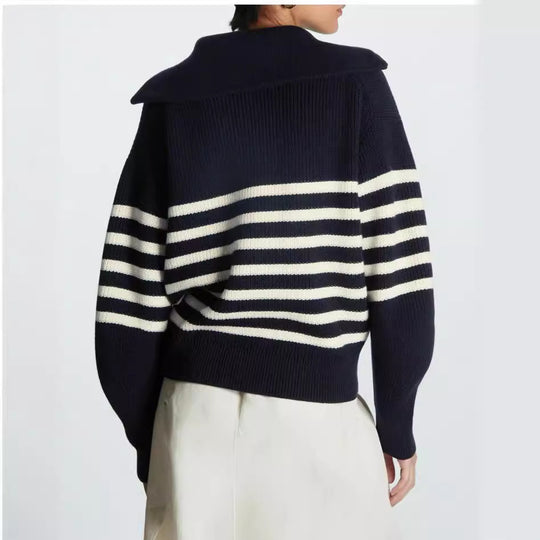 Damen modischer Strickpullover mit halbem Reißverschluss und gestreiftem Design EB