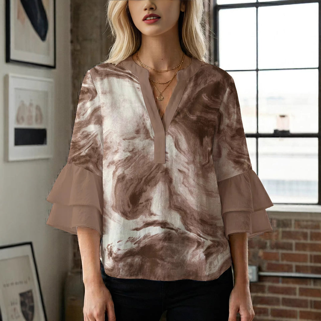 Damen lässige Bluse mit Volantärmeln und botanischem Druck EB