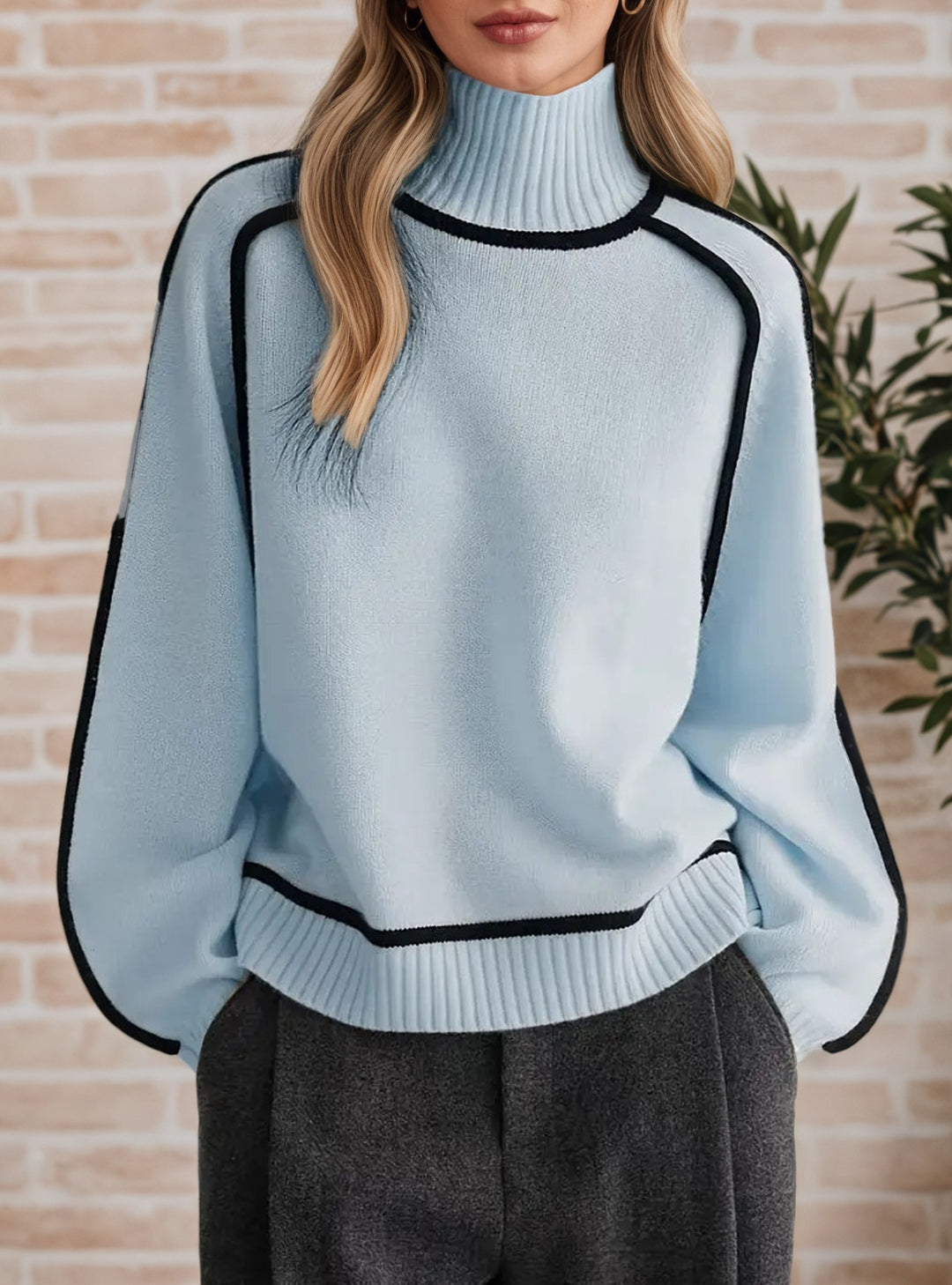 Damen Pullover mit hohem Kragen und Volumenärmeln EB
