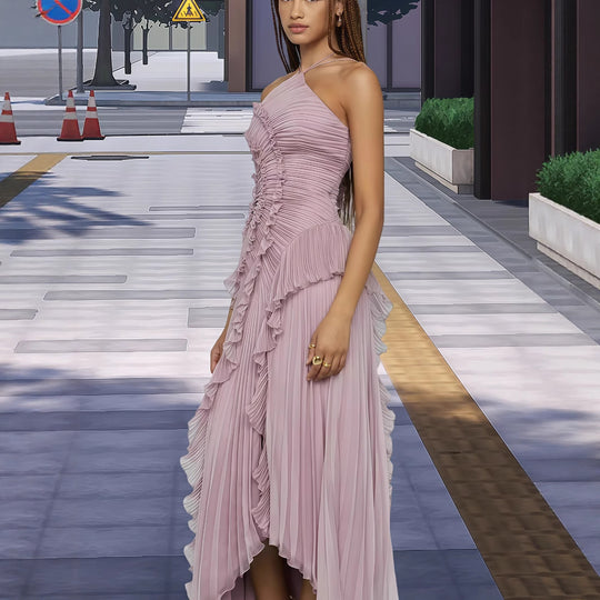Damen Elegantes Wickelkleid mit plissierten Rüschen und asymmetrischem Saum EB