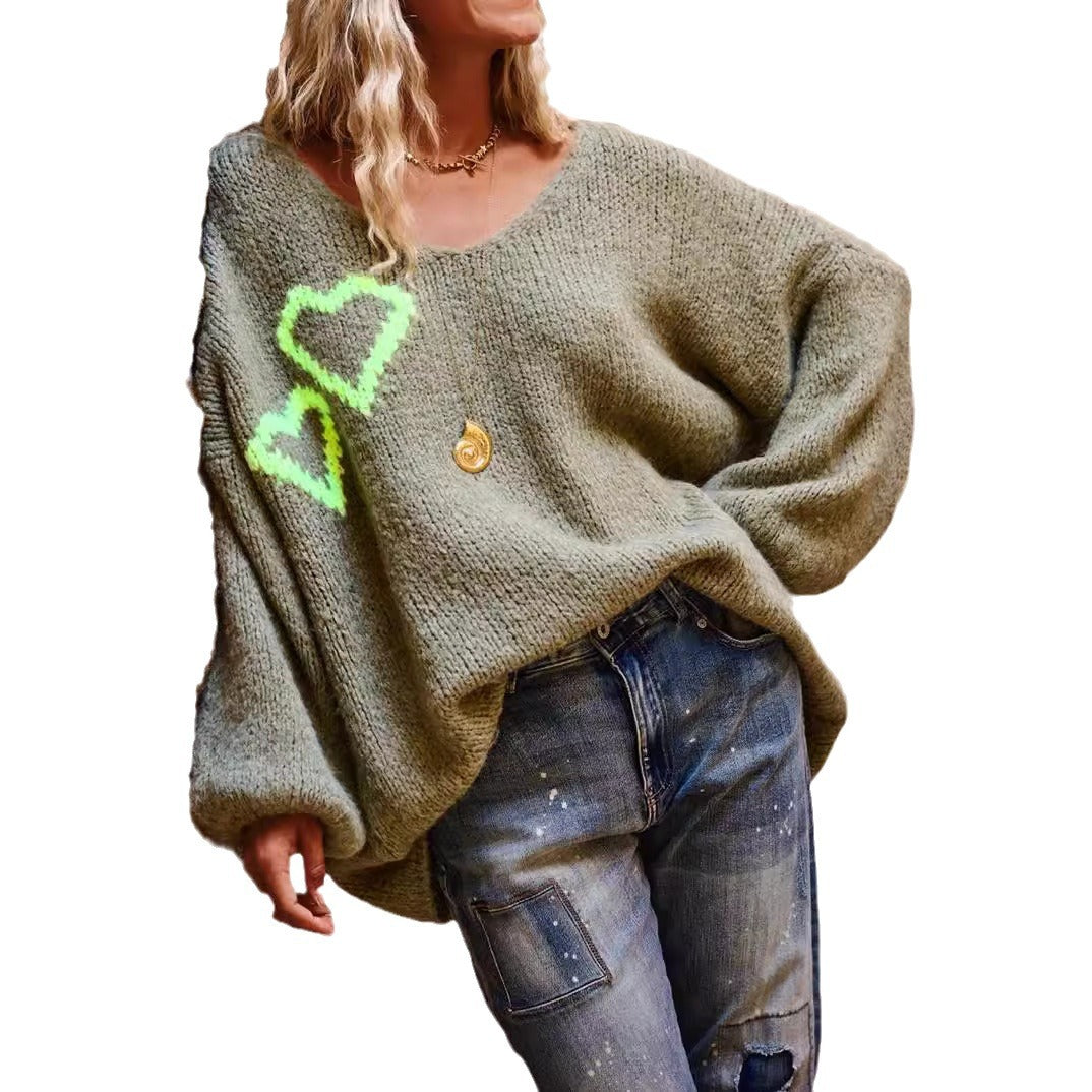 Damen Strickpullover mit liebenswertem Herzdesign und lässigem Schnitt EB
