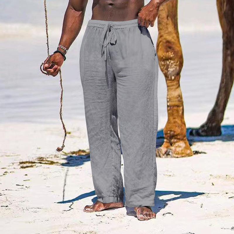 Herren lässige Strandhose aus leichtem Leinenstoff mit elastischem Bund und Kordelzug EB