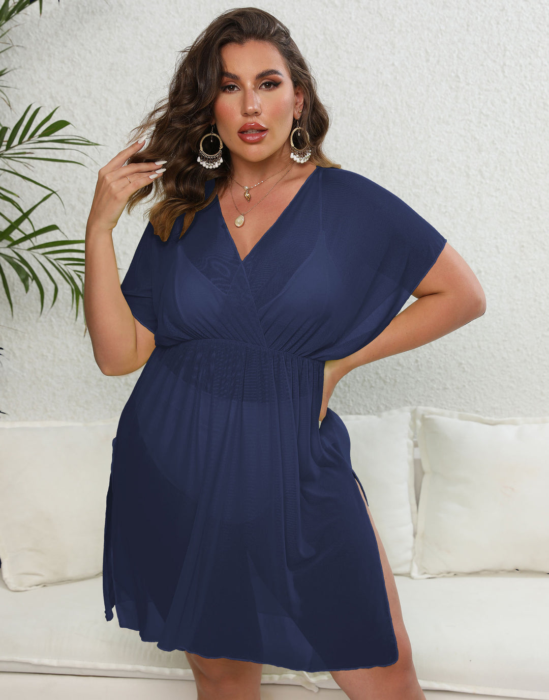 Damen luftiges Strandkleid mit V-Ausschnitt und breiten Ärmeln EB
