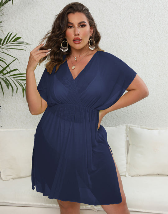 Damen luftiges Strandkleid mit V-Ausschnitt und breiten Ärmeln EB