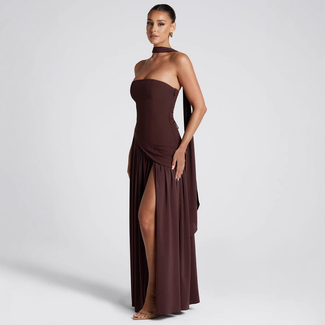 Damen Maxikleid mit schulterfreiem Design und dekorativem Wickelausschnitt EB