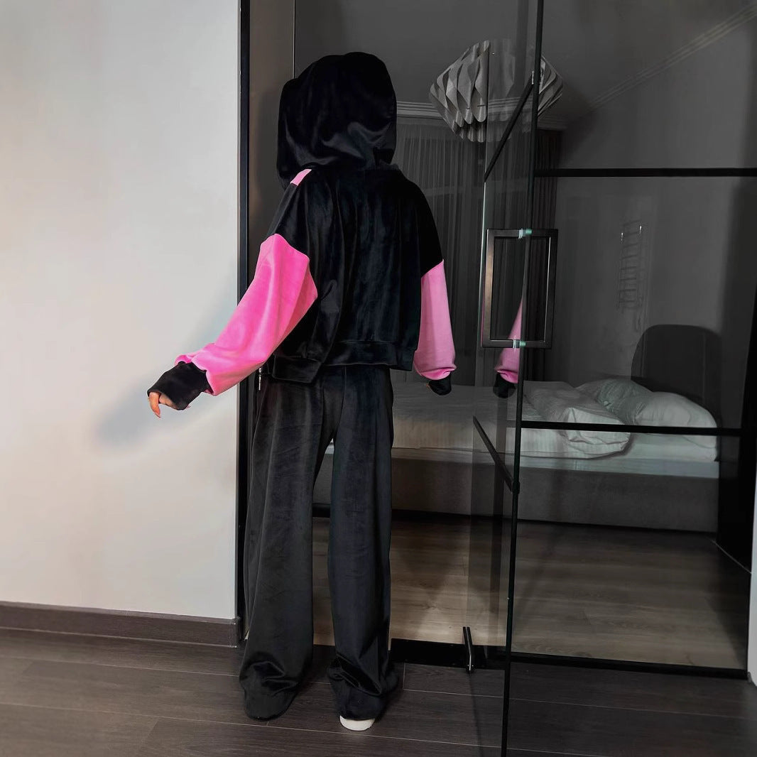 Damen kurze Velours-Zipperjacke mit V-förmigem Einsatz, überschnittenen Ärmeln und elastischem Saum EB