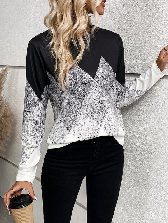 Damen modisches Langarmshirt mit grafischem Muster EB