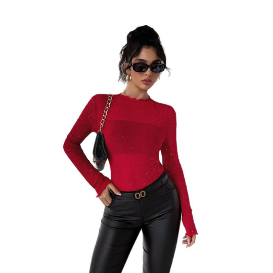 Damen Eleganter Bodysuit mit funkelnden Details und Rüschenkragen EB