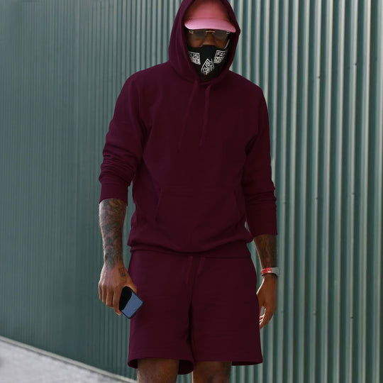 Herren nan zweiteiliges Freizeit-Set Hoodie und Sweatshorts aus French Terry mit Kängurutasche und Tunnelzug EB