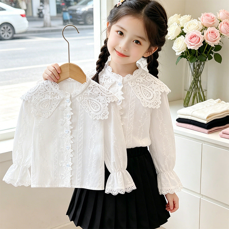 Mädchen elegante Bluse mit Rüschenkragen und Spitzenakzenten EB