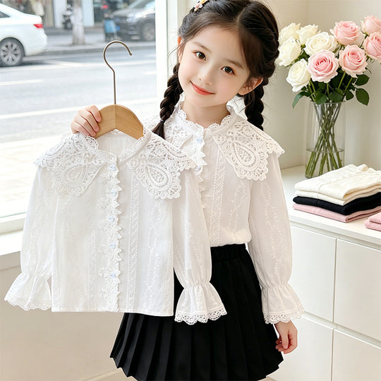 Mädchen elegante Bluse mit Rüschenkragen und Spitzenakzenten EB