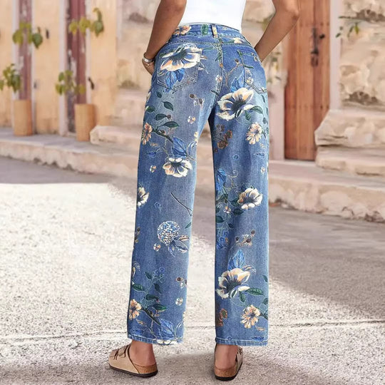 Damen Weit geschnittene Jeans mit floralem Druck und hohem Bund EB