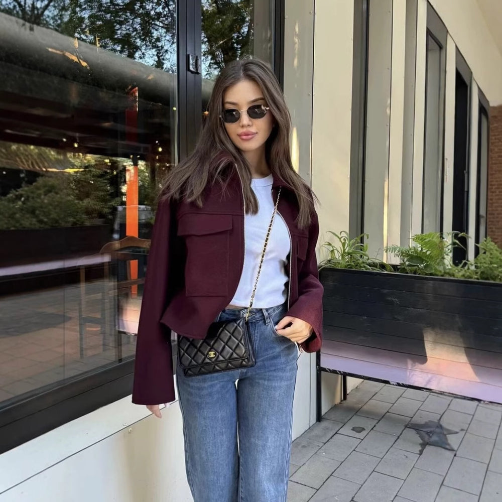 Damen lässige Wolljacke mit praktischen Brusttaschen und hochwertigem Reißverschluss EB
