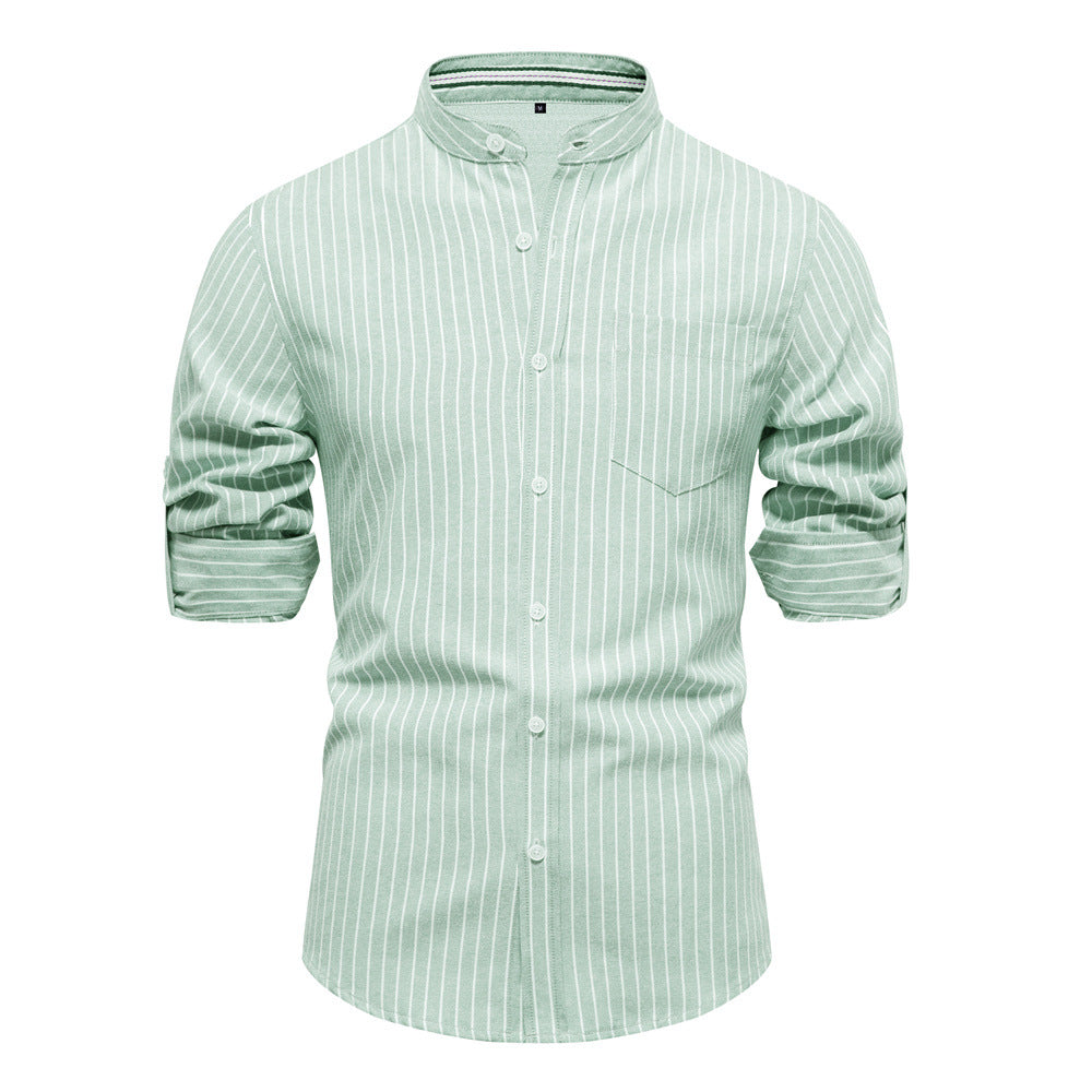 Herren gestreiftes Hemd im modischen Henley-Stil mit Brusttasche und rollbaren Ärmeln EB