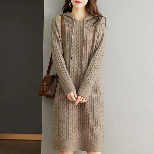 Damen Strick-Hoodie-Kleid mit Kordelzug EB