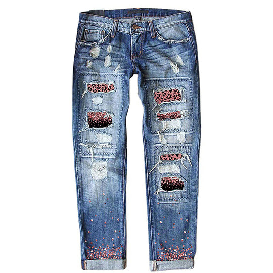 Damen nan verwaschene schmale Jeans mit Leopardenpatches und Glitzerbesatz EB