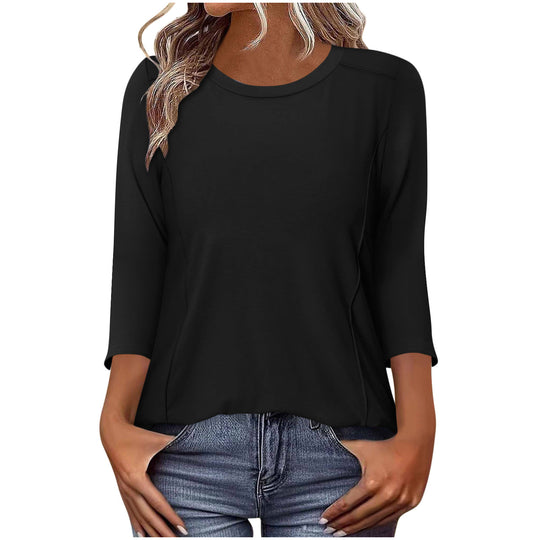 Damen nan lässiges Rundhals Shirt mit mittellangen Ärmeln und sichtbaren Nahtakzenten EB