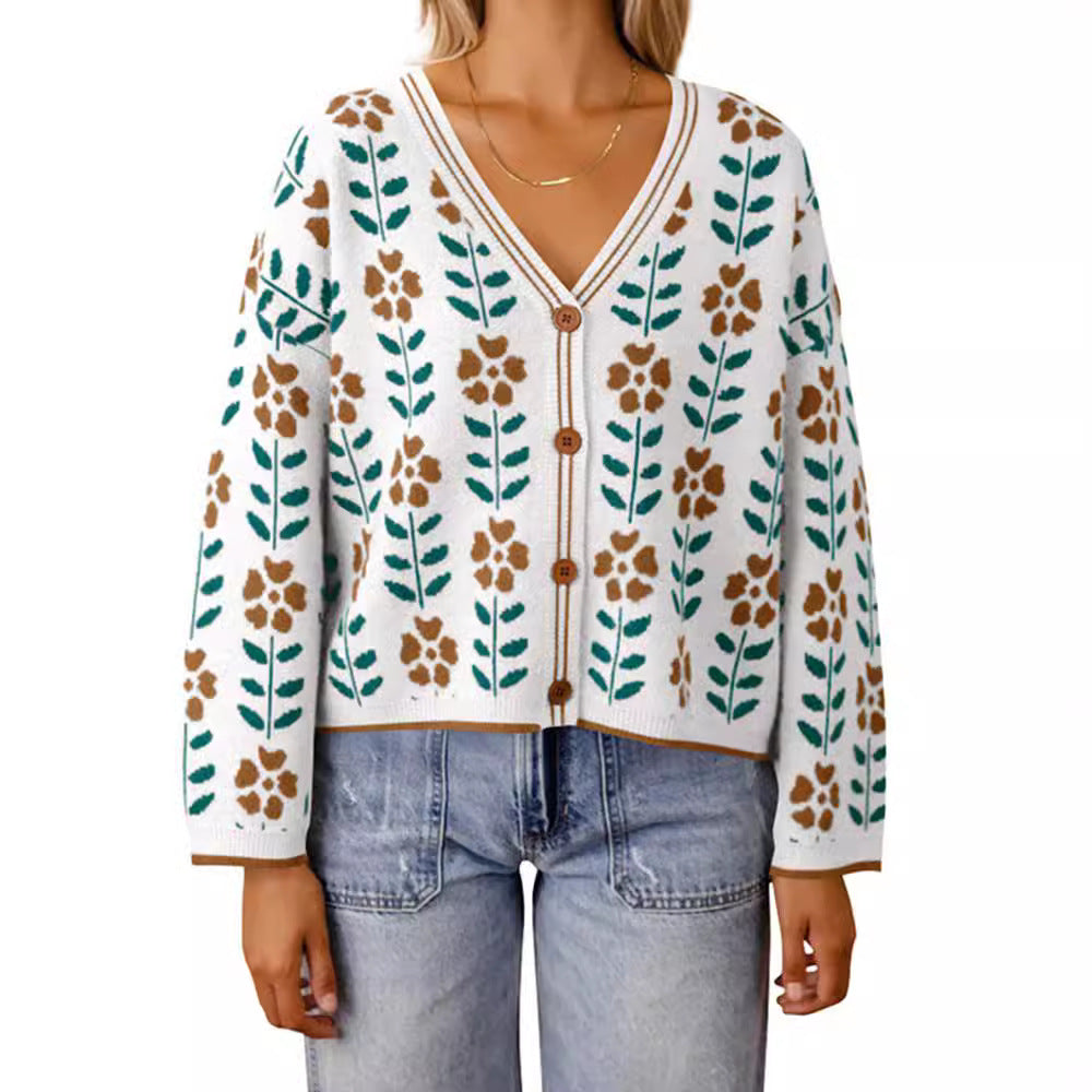 Damen Strickjacke mit floralem Design und Knopfdetails EB
