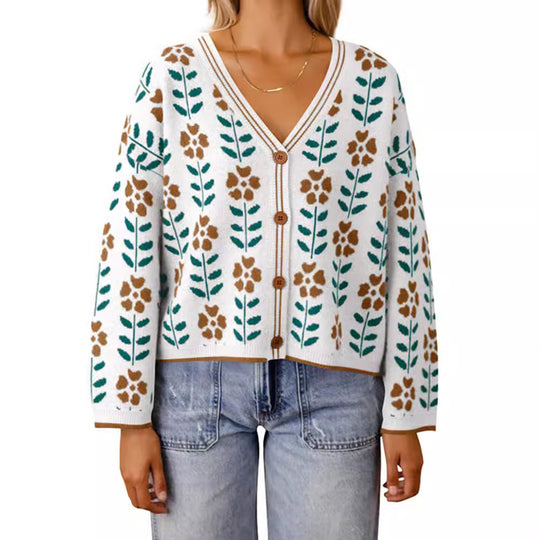 Damen Strickjacke mit floralem Design und Knopfdetails EB