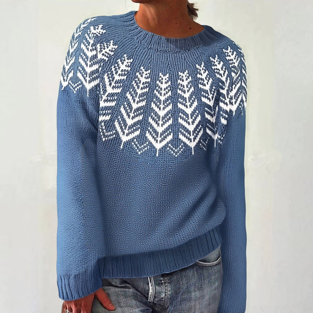 Damen nan melierter Rundhalsausschnittpullover mit kreisförmigem Jacquard-Yoke und geripptem Saum EB