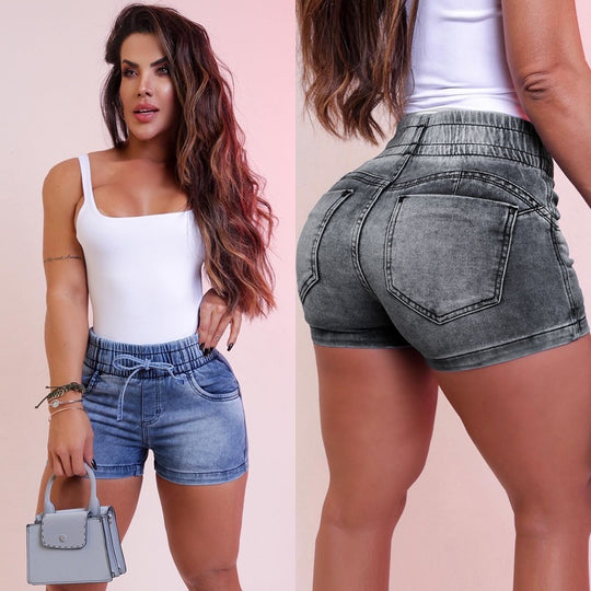 Damen Jeansshorts mit elastischem Bund und Kordelzug EB