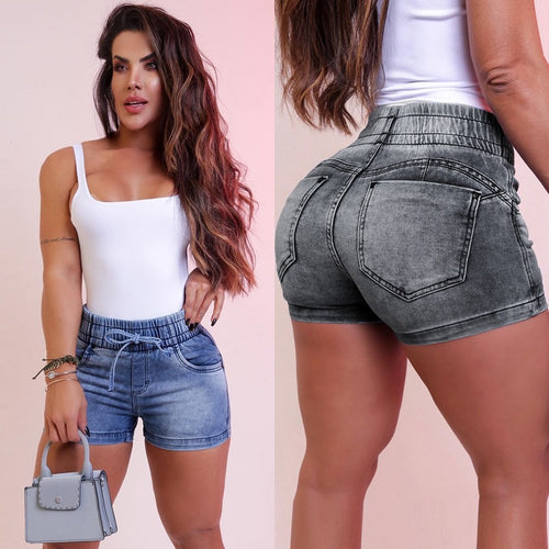 Damen Jeansshorts mit elastischem Bund und Kordelzug EB
