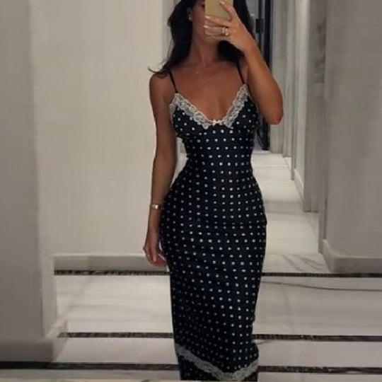 Damen Satin Nachthemd mit Spitzenapplikationen und Polka-Dots EB