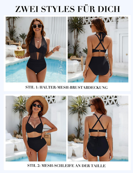 Damen Eleganter Badeanzug mit transparenter Plissee-Optik EB