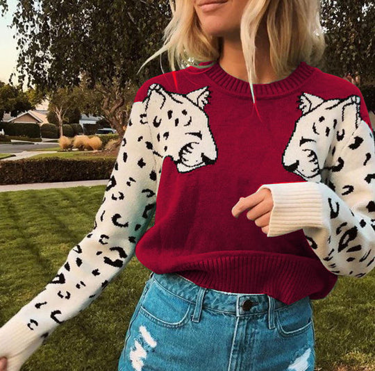 Damen Kuscheliger Pullover mit lebhaftem Tiermotiv und kontrastierenden Ärmeln EB