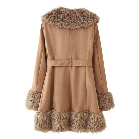 Damen Elegante Teddyjacke mit Taillengürtel und voluminösem Kragen EB