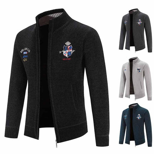 Herren modische Strickjacke mit hohem Kragen und detailreicher Stickerei EB