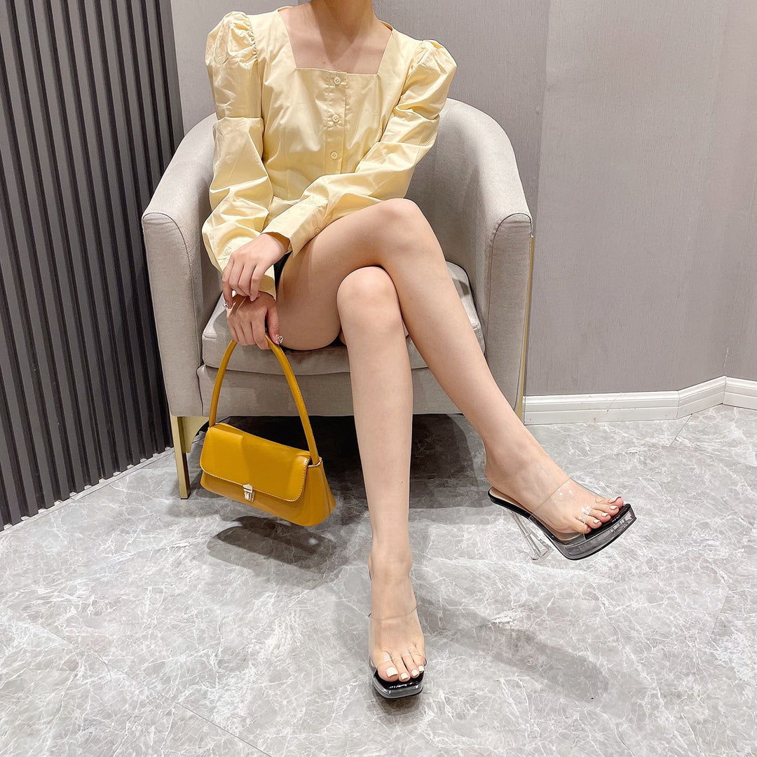 Damen Elegante und transparente Mules mit Kristall-Blockabsatz EB