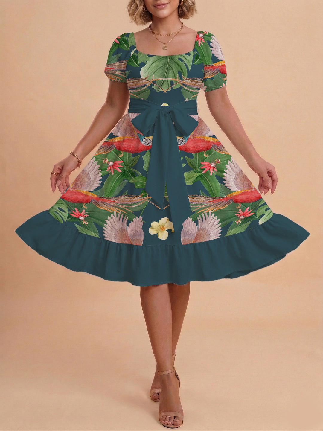 Damen Blumenkleid mit taillierbarem Gürtel und voluminösen Ärmeln EB