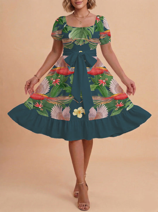 Damen Blumenkleid mit taillierbarem Gürtel und voluminösen Ärmeln EB