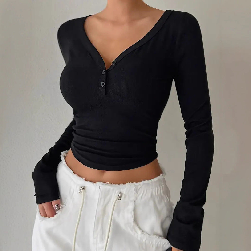 Damen figurbetontes langärmeliges Shirt mit V-Ausschnitt und Knopfleiste EB