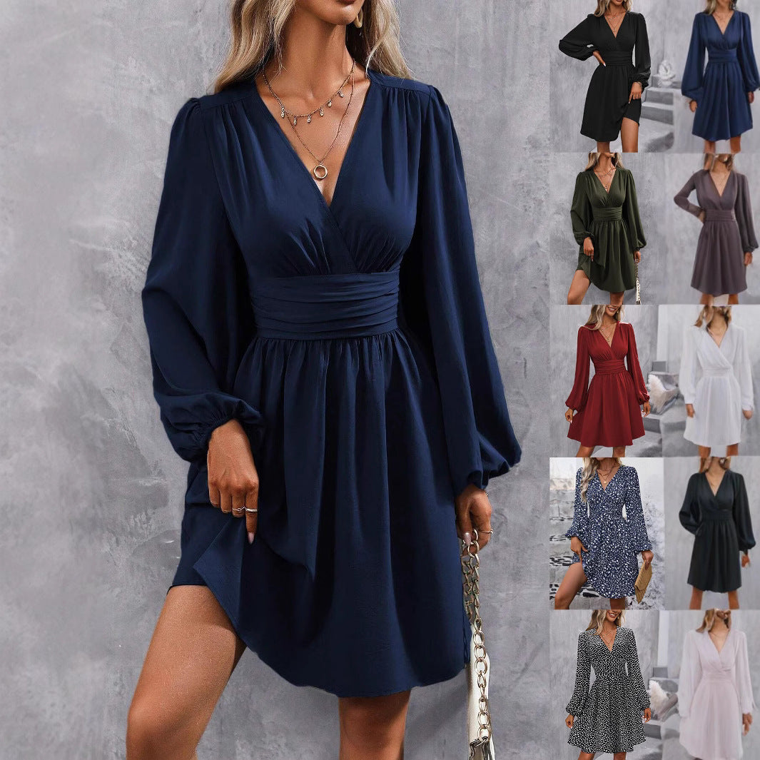Damen Wickelkleid mit schickem V-Ausschnitt und voluminösen Ärmeln EB