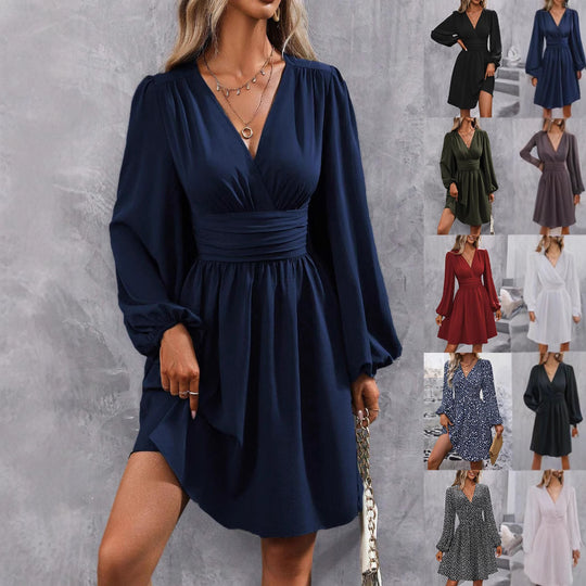 Damen Wickelkleid mit schickem V-Ausschnitt und voluminösen Ärmeln EB