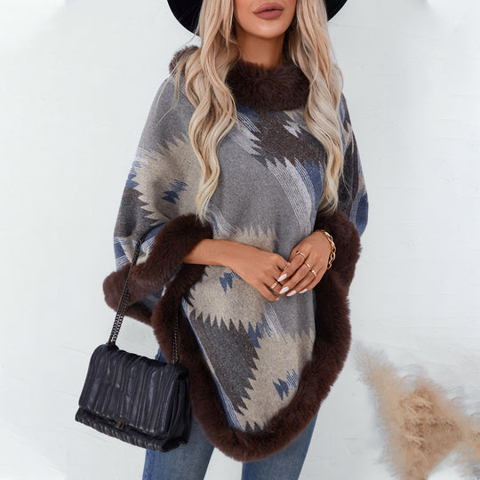 Damen Kuschelpullover mit hochwertigem Kunstfellbesatz und geometrischem Muster EB