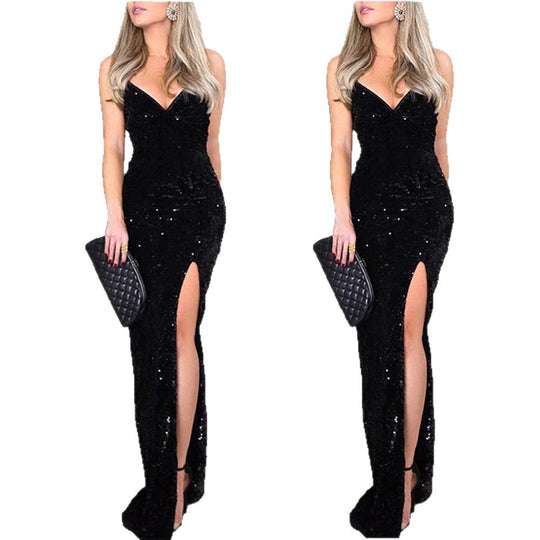 Damen Glamouröses Abendkleid mit tiefem V-Ausschnitt und seitlichem Schlitz EB
